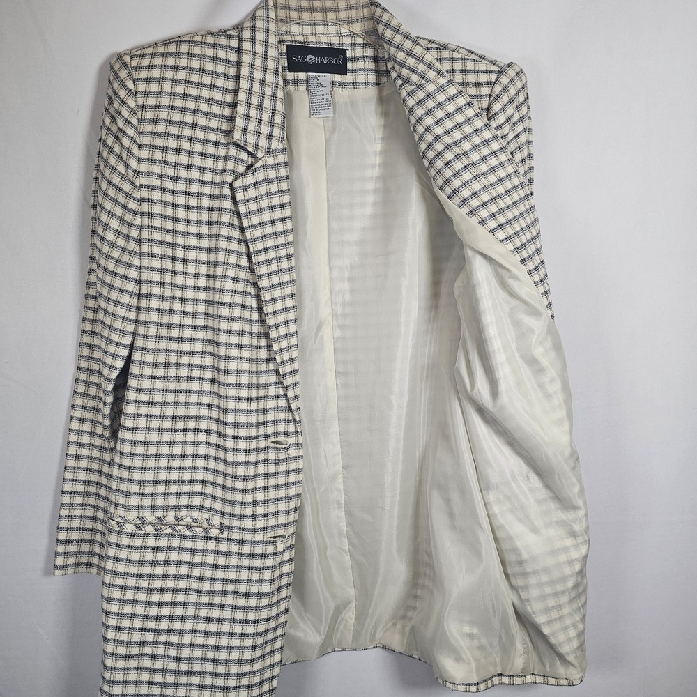 Vintage Blazer Women 8 Plaid Neutral Linen Blend Sag Harbor Jacket Lined Pockets - Picture 5 of 8